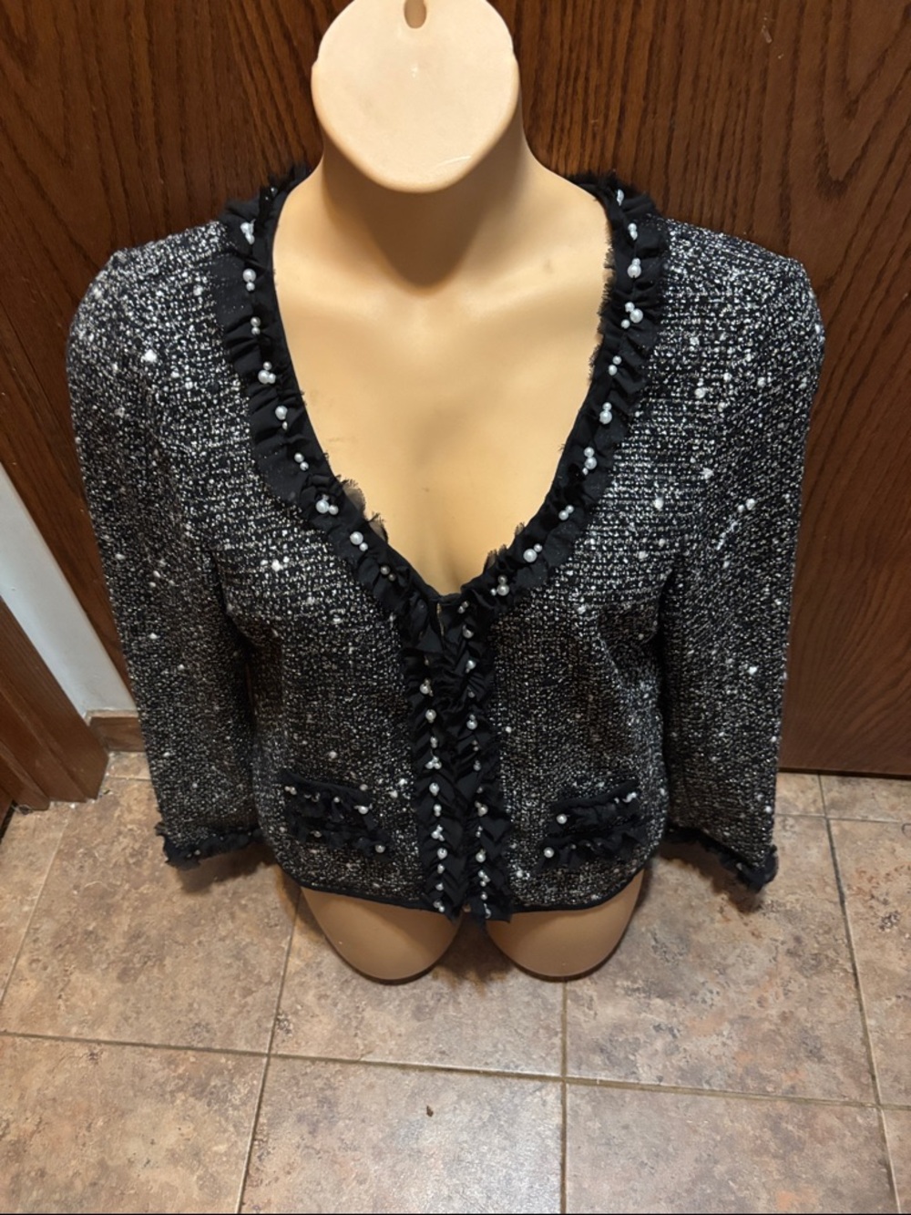 ECI Black & White Tweed Pearl-Trim Cropped Jacket
